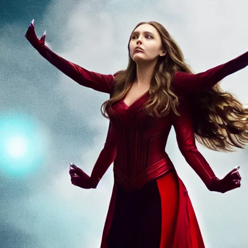 Prompt: elizabeth olsen as the scarlet witch, floating in the air as she emanates magic from her palms, full - body portrait, 3 5 mm!!!!! photography, disdain facial expression, messy!!!!! hair, trending on artstation, photorealistic!!!!!, 4 k, 8 k