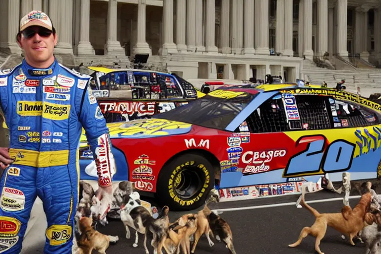 Image similar to vfx movie nascar driver man covered in corporate sponsor logos holding up bone for pack of dogs in the u. s. senate, interior. by emmanuel lubezki