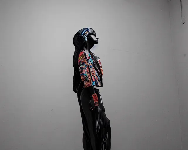 Image similar to very very beautiful dark black marble statue of a beautiful woman with colorful motocross logos on the wall behinder in the background in the style of virgil abloh, dark soft lighting, cinematic, detailed, off white, heron preston, 8 k, 4 k, detailed, beautiful, symmetrical, vogue, editorial, fashion, magazine, museum lighting, night time, dark