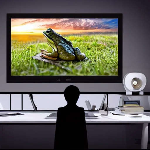 Prompt: frog on a beuatifull hill watching a sinset as he sits behind a computer, photorealistic