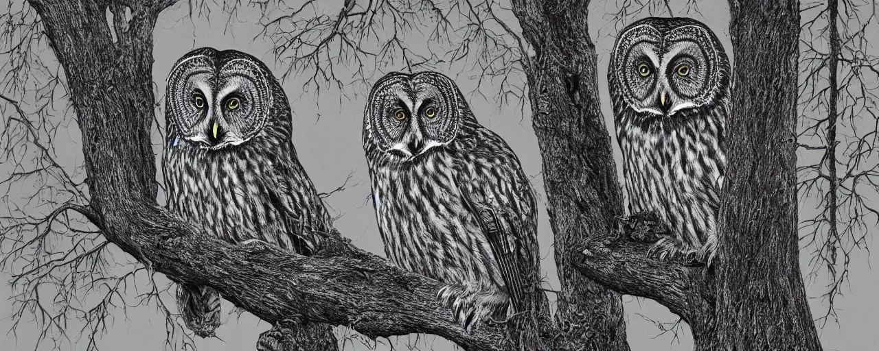 Prompt: beautiful hyperrealist highly detailed cinematic lighting nature photograph of a great grey owl on a tree branch, symmetrical full body, beautiful high contrast wood engraving, moebius and charles burns comic style, shocking detail trending on artstation 8 k