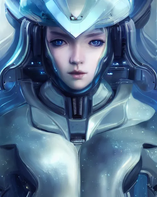 Image similar to beautiful android girl on a mothership, warframe armor, pretty face, scifi, futuristic, galaxy, raytracing, dreamy, perfect, digital painting, long white hair, blue cyborg eyes, sharp focus, intricate, highly detailed, artstation, intricate, innocent, art by gauthier leblanc, kazuya takahashi, huifeng huang