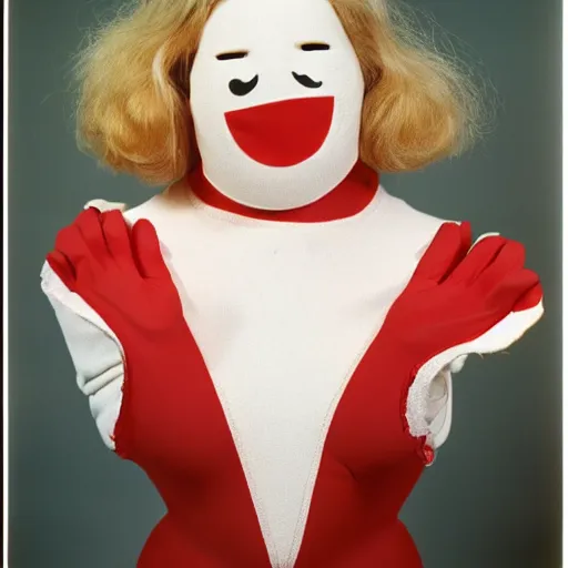 Image similar to 1976 woman wearing a smiley mask with long prosthetic snout nose and nostril, soft color wearing a leotard 1976 holding a hand puppet color film 16mm Almodovar John Waters Russ Meyer Doris Wishman old photo