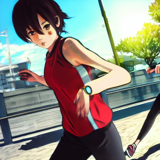 Prompt: anime style, gta 5, girl is running, red sport clothing, marathon race, brown short hair, hair down, symmetrical facial features, from arknights, hyper realistic, rule of thirds, extreme detail, detailed 4 k drawing, safebooru, realistic lighting, by alphonse mucha, greg rutkowski, sharp focus, backlit