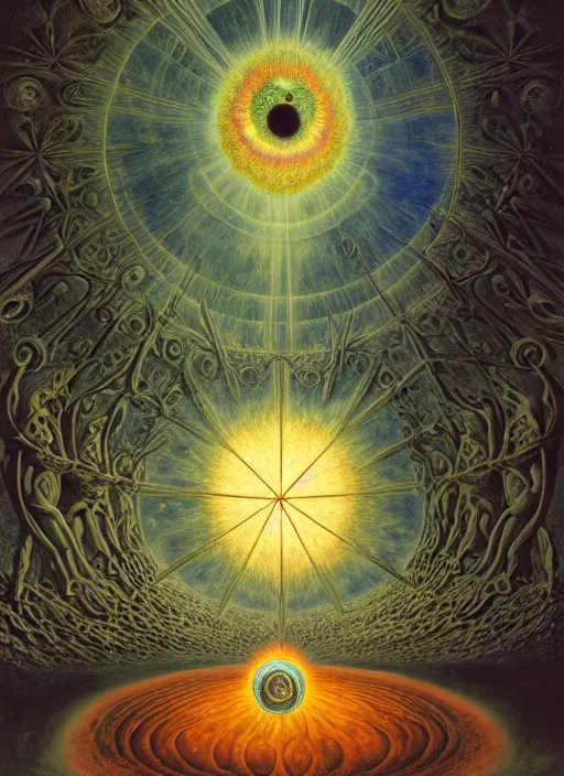 Image similar to antediluvian occult cosmology, panspermia, by remedios varo and daniel arsham and robert hooke and ernst haeckel and agostino arrivabene and joaquin sorolla and martin johnson heade, rule of thirds, vivid colours, negative space, atmospheric, digital painting, artstation, concept art, smooth, sharp focus