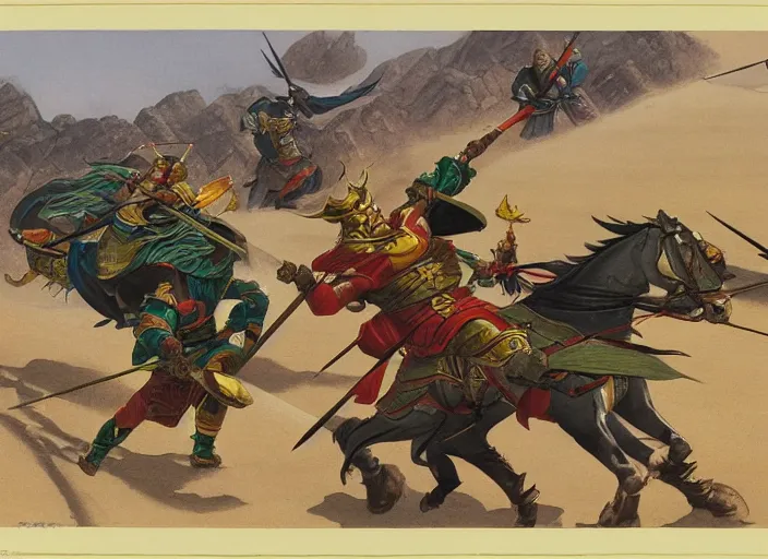 Prompt: lu bu versus zhang fei, guan yu, and liu bei as illustrated by ralph mcquarrie during the golden hour