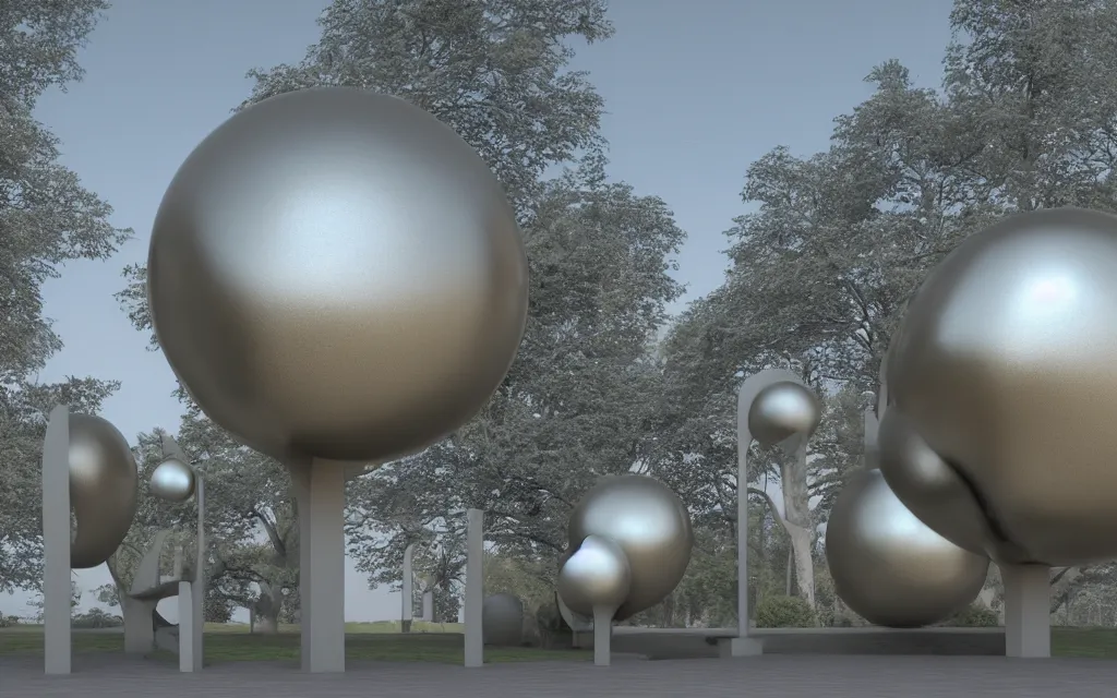 Prompt: Bulb and hollow spherical round forms as a metal sculpture in a park , smooth shiny texture, sculpted by Henry Moore Barbara Hepworth , Matte painting V Ray, warm volumetric lighting , 3D 8K HD trending on art station