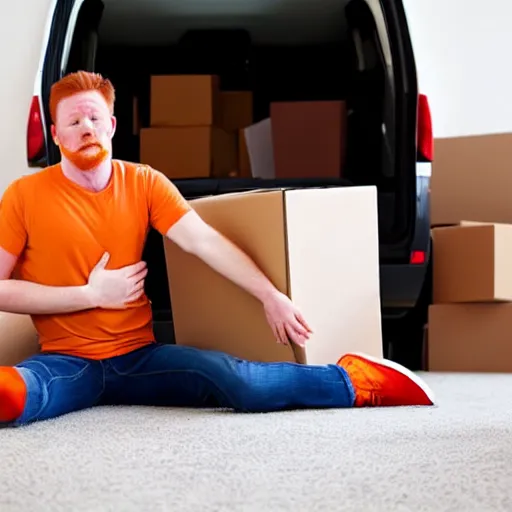 Image similar to moving day disaster. photo of ginger man on the floor holding his back in pain