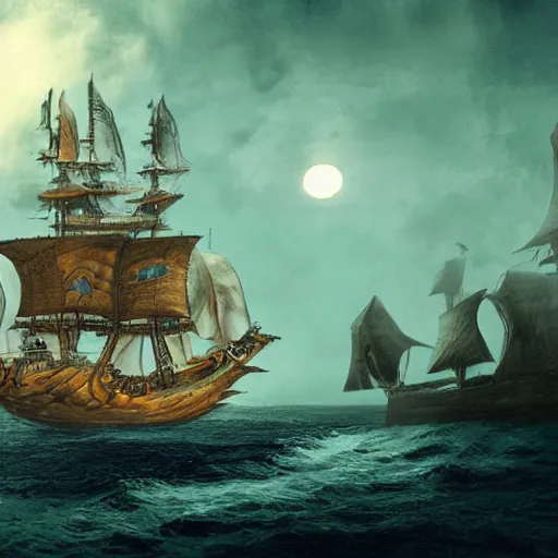 Image similar to extravagant pirate ship sailing over the still sea at night. moonlight. concept art. matte painting