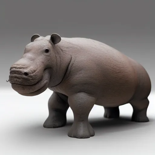 Prompt: studio shot, side view of a simplified hippo figurine ( carved from wood )!!!! and centered on a white to grey gradient background, wood grain, photorealistic, hyperrealistic, influenced by pixar, 8 k hd, octane render, unreal engine, featured on cgsociety