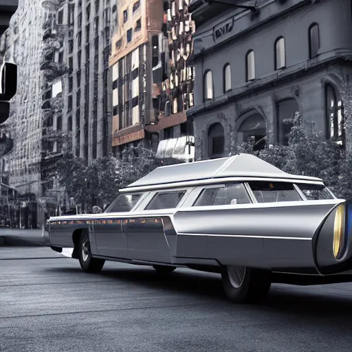 Image similar to A futuristic 50's style hearse on a manhattan street, beautiful, detailed, intricate, insanely detailed, 3D render digital art, octane render, 8K, photorealistic digital art, realistic volumetric lighting