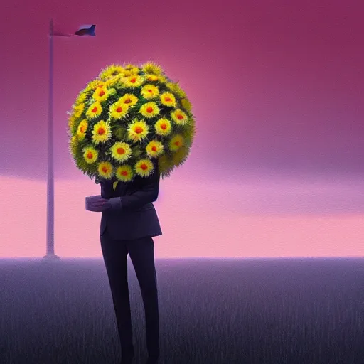 Prompt: large daisy flower head, frontal, girl in a suit, surreal photography, sunrise, dramatic light, impressionist painting, digital painting, artstation, simon stalenhag