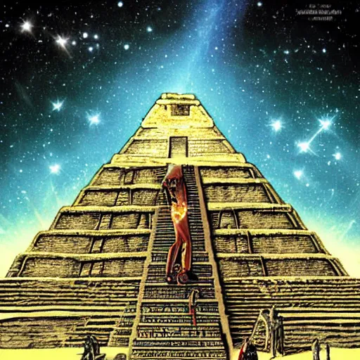 Image similar to an advertisement for a concert with a man climbing up the steps of a Mayan Pyramid, Stars, nebula and comet with a long tail in the night sky behind the pyramid, an album cover by Jeremy Henderson, featured on deviantart, underground comix, concert poster, diorama, poster art