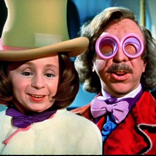 Prompt: a frame from the movie willy wonka and the chocolate factory, starring nancy pelosi and tim allen