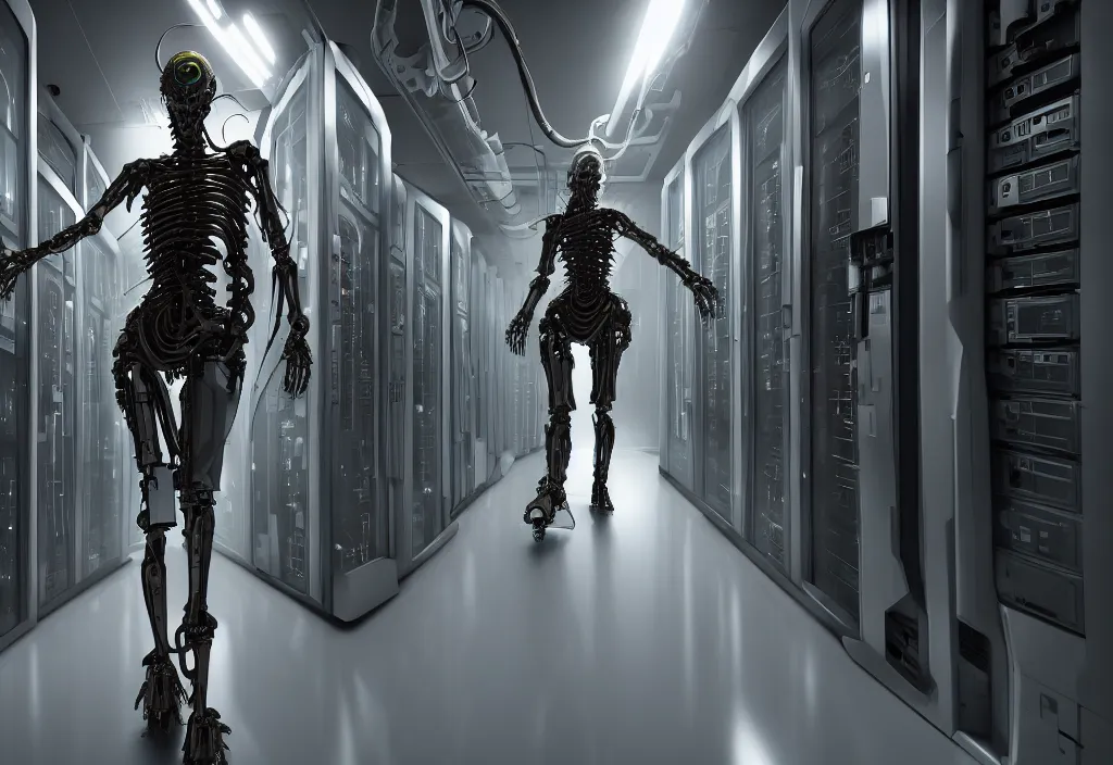 Image similar to biomechanical cyborg walking in server room in datacenter, shot by cyberpunk syle by vitaly bulgarov, character design, proportional body, whole body, whole figure, very detailed cinematic concept art, sharp lines, trending on artstation, hyper detailed, hyperrealism, anime, by yoichi hatakenaka, by masamune shirow octane render