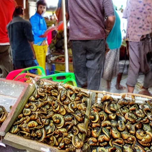 Image similar to live snails being sold at a bazaar