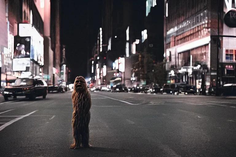 Prompt: photo of chewbacca crossing a street in nyc at night, cinestill 8 0 0 t, 8 5 mm f / 1. 8