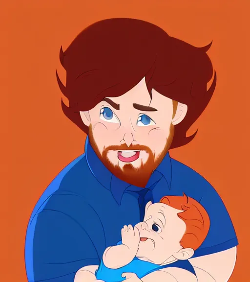 Image similar to a father with short red hair, a short red beard and blue eyes and a chubby face hold his infant son with short brown hair full color digital illustration in the style of don bluth, artgerm, artstation trending, 4 k