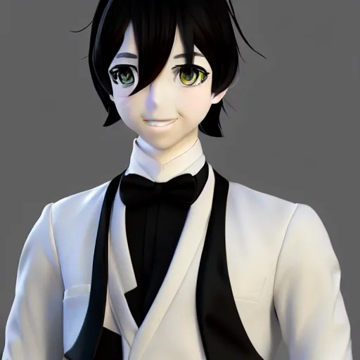 Image similar to nymph render of a beautiful 3d anime boy, wearing white cravat and black tuxedo coat, medium black hair, purple eyes, conductor, full round face, concert hall setting, dark color scheme, medium shot, mid-shot, highly detailed, trending on Artstation, Unreal Engine 4k