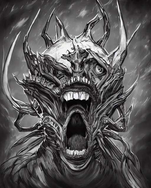 Image similar to A crate with tongue and tooth, terrifying, black and white, fantasy art, monster art, in the style of masami kurumada, illustration, epic, fantasy, intricate, hyper detailed, artstation, concept art, smooth, sharp focus, ray tracing