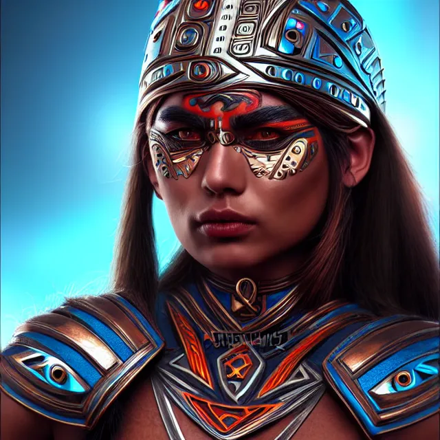 Image similar to futuristic aztec warrior, highly detailed, 4 k, hdr, smooth, sharp focus, high resolution, award - winning photo, artgerm, photorealistic