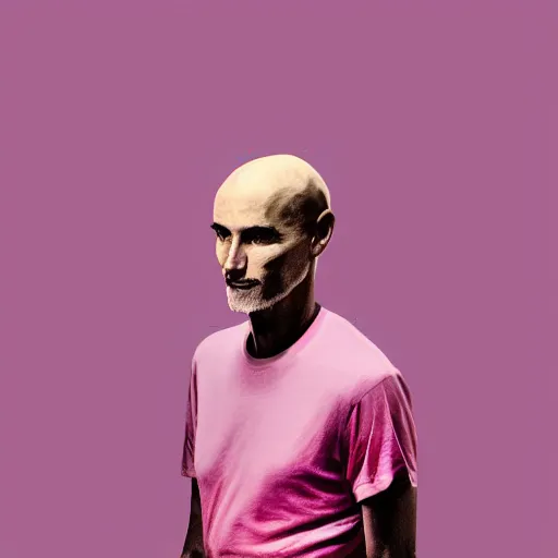 Image similar to bald skinny man in a pink t - shirt and pink pants, digital art