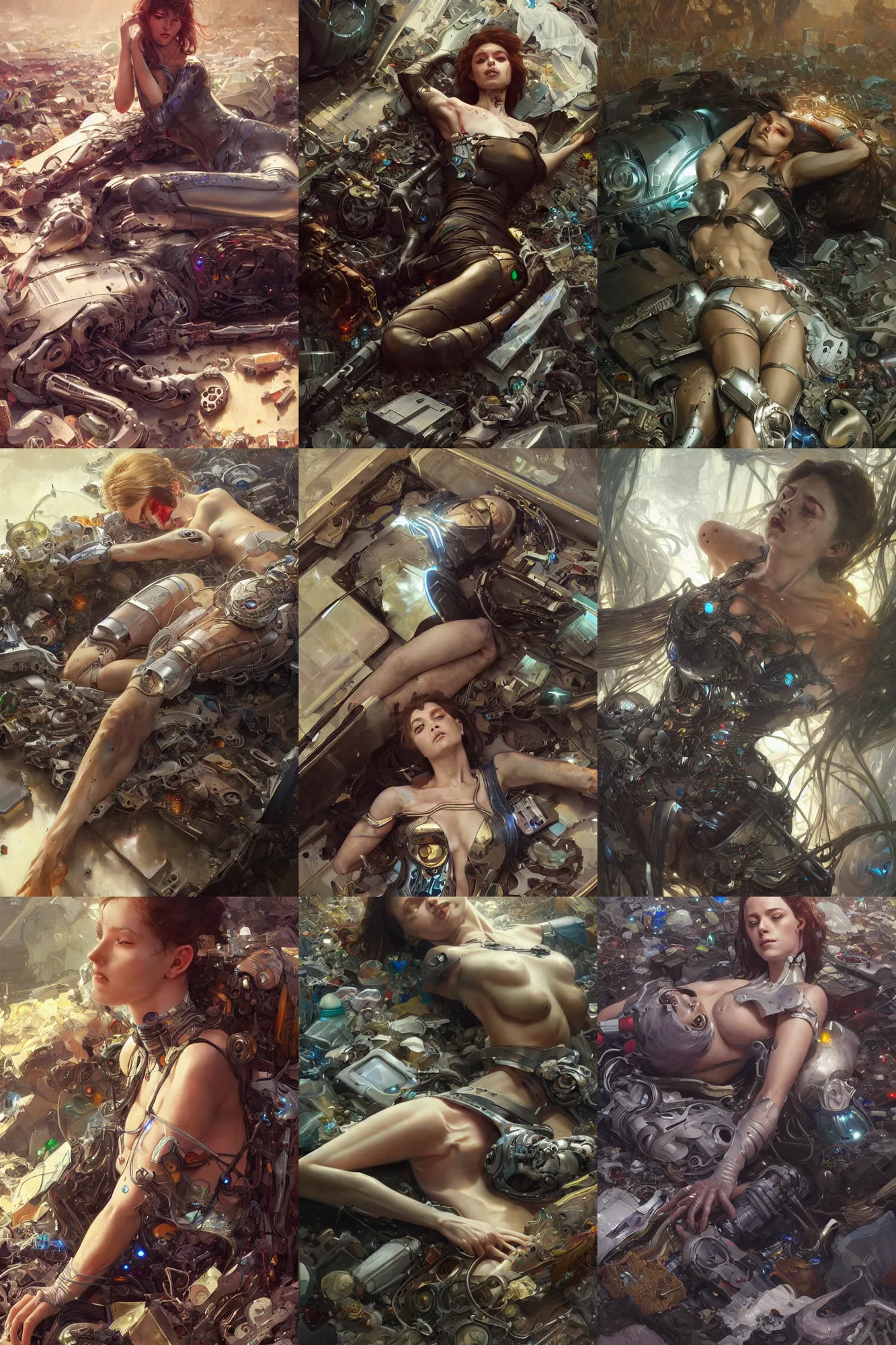 Prompt: Ultra realistic, dead cyborg woman lying among the garbage, sci-fi, fantasy, intricate, elegant, highly detailed, digital painting, artstation, concept art, smooth, sharp focus, illustration, art by artgerm and greg rutkowski and alphonse mucha