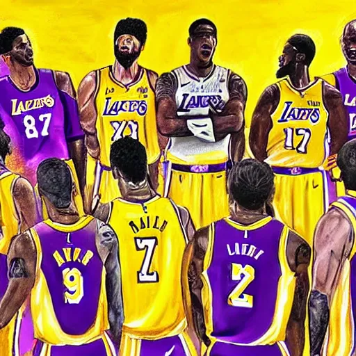 Prompt: the Los Angeles Lakers having the las supper, wide shot, painting