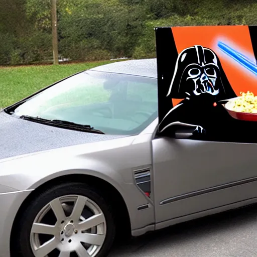 Prompt: darth vader throw food on a car