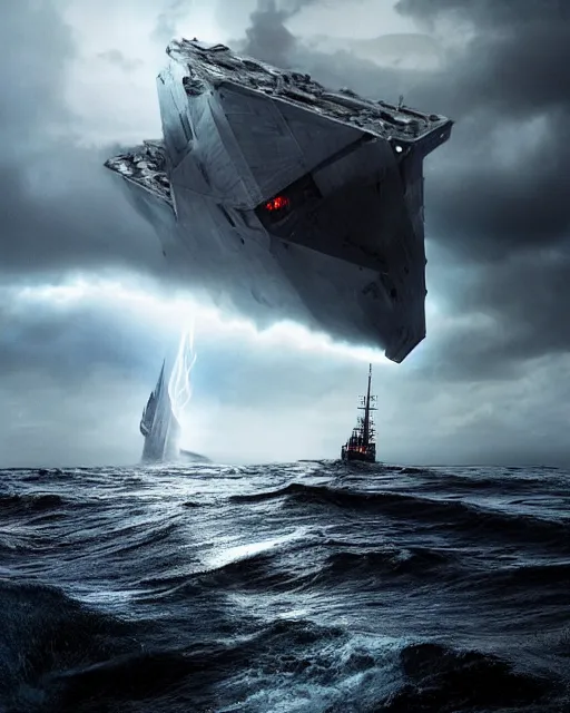 Prompt: scifi action scene of a fishing boat on stormy seas, a terrifying gigantic star destroyer spaceship flying overhead, the gigantic star destroyer spaceship is emerging from storm clouds, sunset lighting, stormy weather, dramatic lighting, unreal engine, hyper realism, realistic shading, cinematic composition, realistic render, octane render, detailed textures, photorealistic, ultrawide shot, 1 6 mm lens