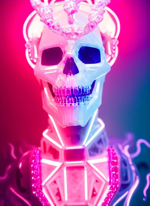 Image similar to photo of fullbodied baroque and bladerunner delicate neon diamond sculpture of seductive onyx albino marble prince kai harvatz dotado pink iridescent skull psychedelic, reclining, glowing magenta face, crown of white diamonds, cinematic lighting, photorealistic, octane render 8 k depth of field 3 d