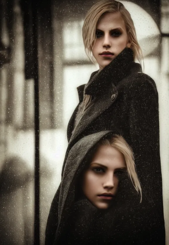 Prompt: cute model annie leonhart posing in dunwall city, beautiful face, detailed face, realistic eyes, cinematic lighting, rainy weather, melancholy atmosphere, volumetric light, gothic architecture, realistic reflections, model agency, instagram photo, depression atmosphere, shot on sony a 7, beauty filter, postprocessing