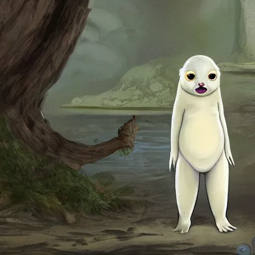 Prompt: bipedal albino amphibious otter seal alien creature with big eyes and a fat tail, speculative biology, big eyes