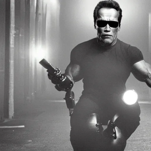 Prompt: A realistic photograph of Arnold Schwarzenegger as terminator riding a skateboard, smoking a pipe, gloomy, action, ambient lighting,
