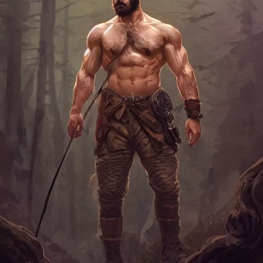 Prompt: portrait of a young rugged ranger, muscular, upper body, hairy torso, D&D, fantasy, intricate, cinematic lighting, highly detailed, digital painting, artstation, concept art, smooth, sharp focus, illustration, art by Artgerm and Greg Rutkowski and Alphonse Mucha