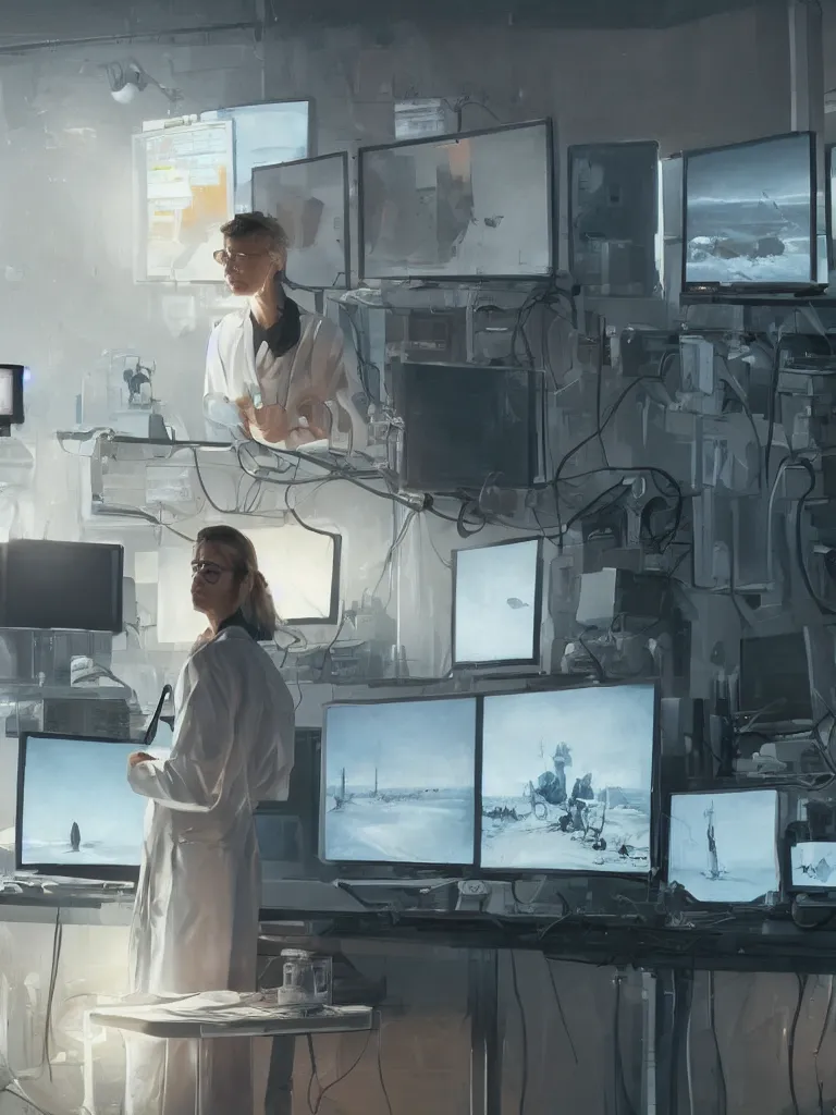 Image similar to a portrait of a researcher in a white coat in front of a computer and screens in a painting from stalenhag, 4 k, 8 k, hdr, artstation