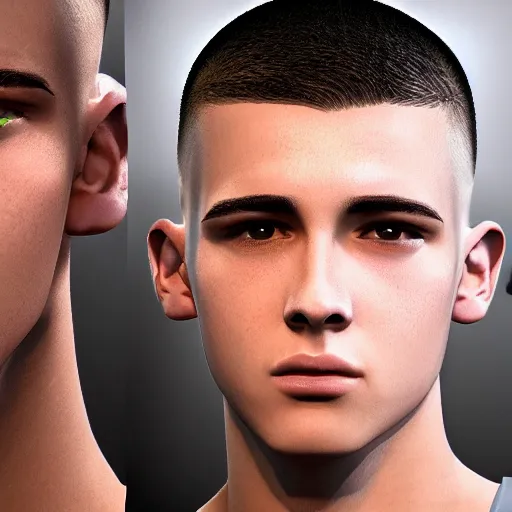 Prompt: attractive male teenager buzz cut hunter eyes high - quality highly detailed photo realistic 8 k