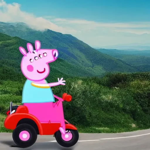 Prompt: peppa pig riding a scooter on a mountain