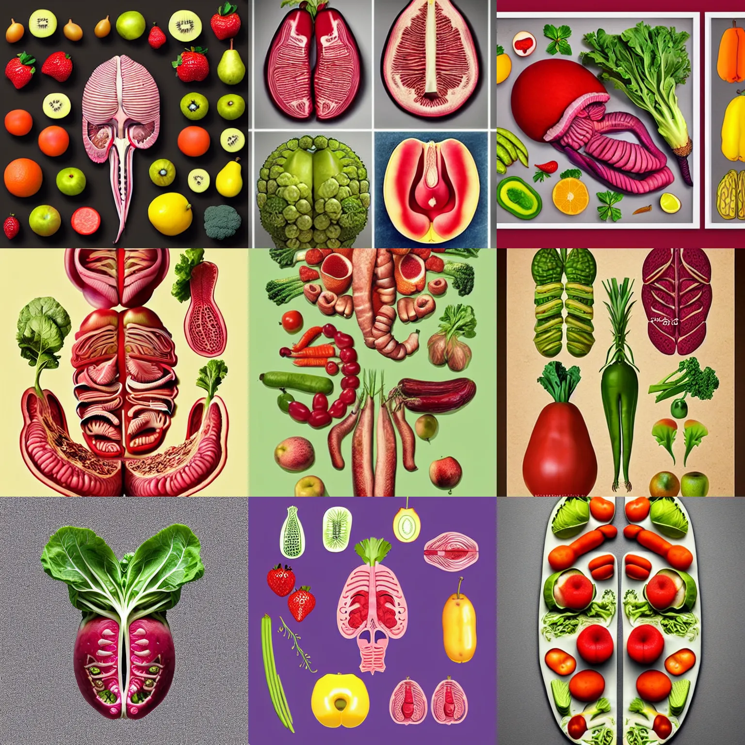 Prompt: detailed cookbook illustrations of fruits and vegetables that look like human body parts organs