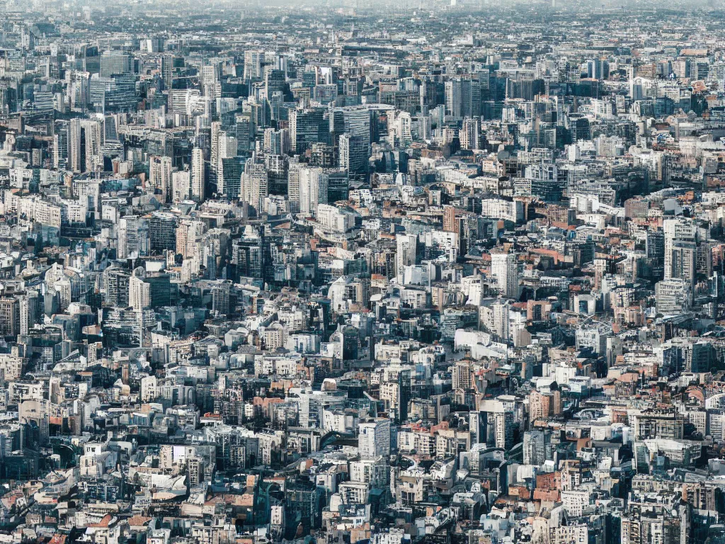 Image similar to drone view of a city, Brutalist architecture, horizon shot, sharp focus, telephoto lens, digital art 4k