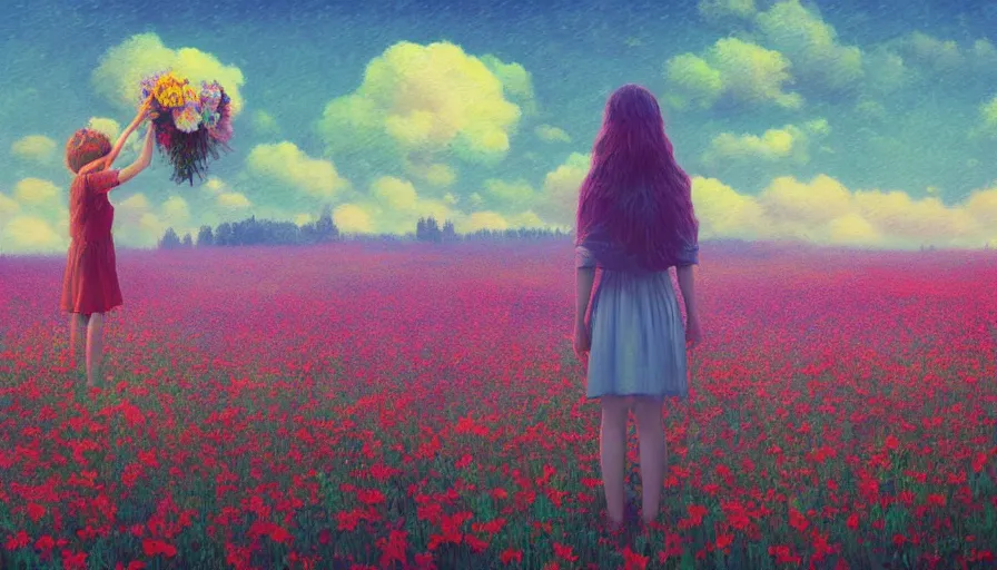 Prompt: girl with a large flower instead of face, surreal photography, dream, standing in flower field, hills, big trees, sunrise dramatic light, impressionist painting, colorful clouds, digital painting, pointillism, artstation, simon stalenhag, flower face