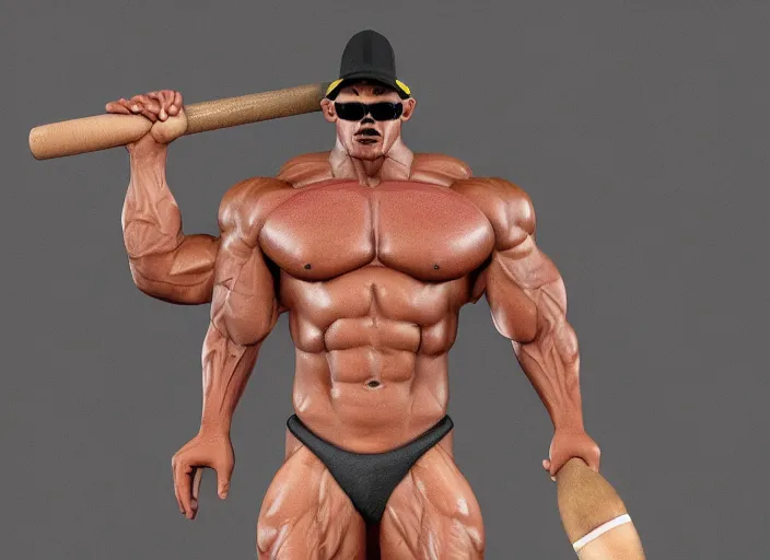 Prompt: a bodybuilder with head like shiba inu holding a baseball bat. Highly detailed 8k, fantasy