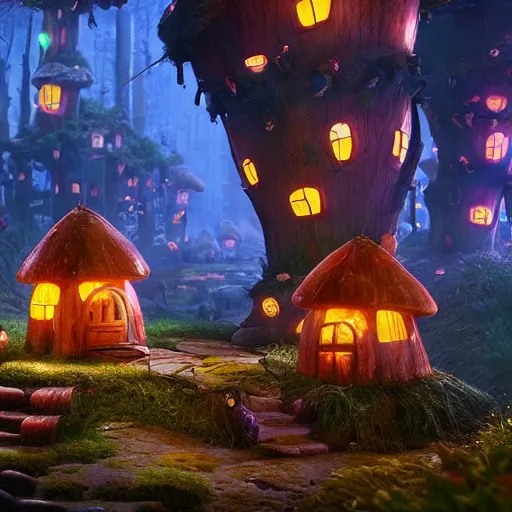 Image similar to A village of mushroom houses with chimneys, glowing windows on the floor of the enchanted forest. night scene, movie still from the Box Trolls, medium shot, might cinematic lighting, sharp, high detail