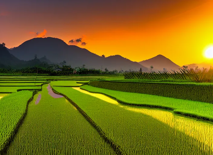 Prompt: a road between rice paddy fields, two big mountains in the background, big yellow sun rising between 2 mountains, indonesia travel photo