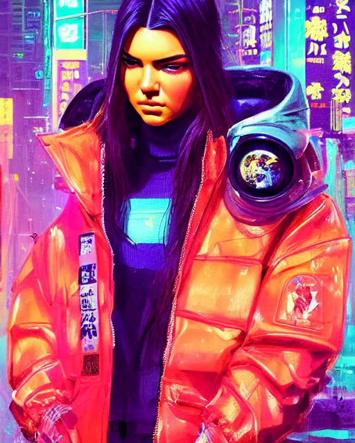 Prompt: detailed portrait of kendall jenner as a neon operator girl, cyberpunk futuristic, neon, reflective puffy coat, decorated with traditional japanese by ismail inceoglu dragan bibin hans thoma greg rutkowski alexandros pyromallis nekro rene margitte, illustrated, perfect face, fine details, realistic shaded, fine - face, pretty face