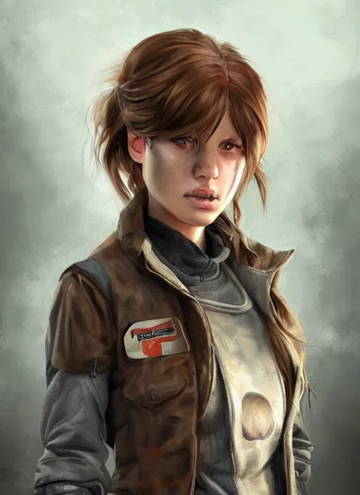 Prompt: a portrait digital painting of a young girl with hazel - brown hair. post - apocalyptic clothing. she's wearing a mechanics uniform and has been working on some large machinery. painted by artgerm, ross tran.