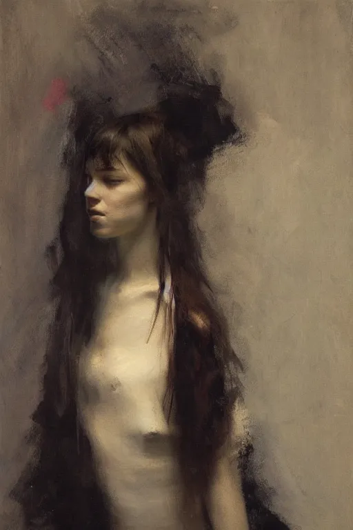 Image similar to Richard Schmid and Jeremy Lipking and Roberto Ferri full length portrait painting of a young beautiful woman