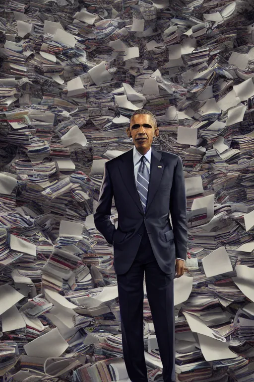 Image similar to obama nervously standing by a mountain of papers, cybertronian, long shot, cinematography by wes anderson, 4 k octane render, intricate detail, photorealistic, cinematic lighting, artstation