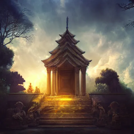 Image similar to temple of the cat god, digital art, atmospheric, sun rays, 4k, trending on artstation