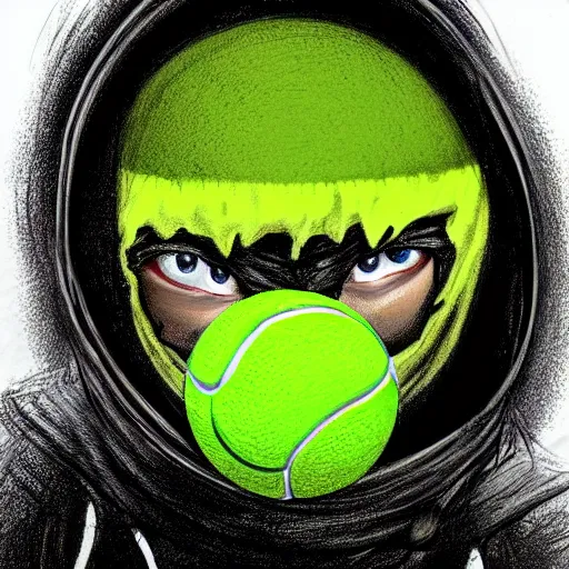 Image similar to a tennis ball monster , orange hoodie, cherub wings, balaclava, digital art, fantasy, magic, trending on artstation, ultra detailed, professional illustration by Basil Gogos